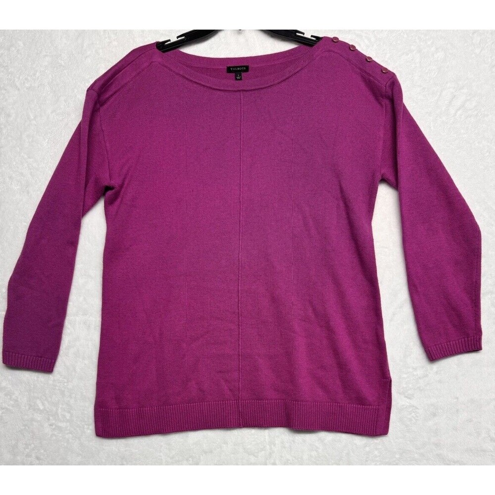 Talbots Sweater Size L Purple Pull Over Round Neck 1 Side Shoulder Buttons